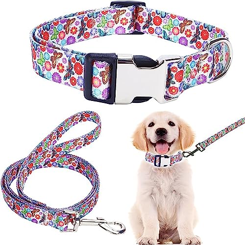 Nylon-Hundehalsband und Leine, Set mit Blumenmuster, langlebig, verstellbar, niedlich, weich, ausgefallenes Welpenhalsband, für große Mädchen, Jungen, Haustiere, Katzen, Kätzchen XS von Hotlion