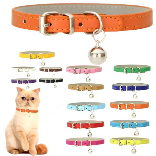 Orange XS Katzenhalsband mit Glöckchen, weiches Leder, Welpenhalsband mit Glöckchen, verstellbar, für Jungen, Mädchen, Katzenhalsbänder für XXS, XXS, XS, kleine und extra kleine Rassen von Hotlion