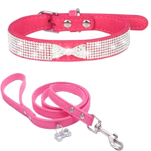 Set aus Hundehalsband und Leine mit Strasssteinen, glitzernde Diamant-Fliege und Krone, Katzenhalsbänder, verstellbar, für XXS, M, L, Haustiere, Kätzchen und Welpen, Hot Pink, Größe S von Hotlion