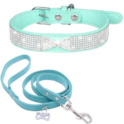 Set aus Hundehalsband und Leine mit Strasssteinen, glitzernde Diamant-Fliege und Krone, Katzenhalsbänder, verstellbar, für XXS, M, L (Seeblau, L) von Hotlion