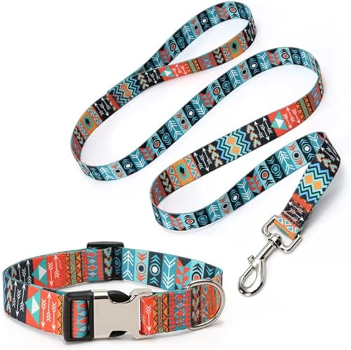 Strapazierfähiges Hundehalsband und Leine, Set mit Metallschnalle, geometrische Tribal-Muster, weich, ethnischer Stil, Trainingshalsband, verstellbar für kleine, mittelgroße und große Hunde (Maya-Set, von Hotlion