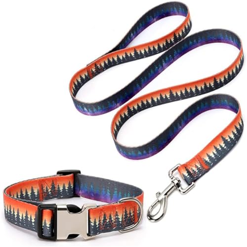 Strapazierfähiges Hundehalsband und Leine, Set mit Metallschnalle, geometrische Tribal-Muster, weich, ethnischer Stil, Trainingshalsband, verstellbar für kleine, mittelgroße und große Hunde (Wald-Set, von Hotlion