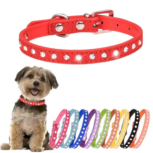 Strass-Hundehalsband, niedlicher Kristall, Diamant-Katzenhalsband, weiches Leder, Kätzchen-Welpenhalsband, verstellbar, für kleine, mittelgroße Hunde, Rot, Größe S von Hotlion