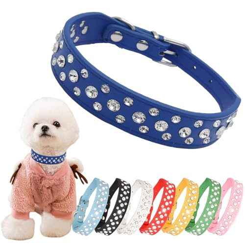 Strass-Hundehalsband, verstellbar, langlebig, PU-Leder, Kristall, Haustierhalsband, Diamant-Bling-Katzenhalsband, für kleine, mittelgroße und große Hunde, Blau M von Hotlion