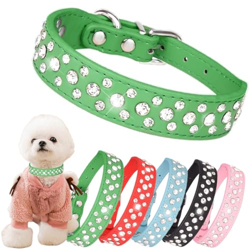 Strass-Hundehalsband, verstellbar, langlebig, PU-Leder, Kristall, Haustierhalsband, Diamant-Bling-Katzenhalsband, für kleine, mittelgroße und große Hunde, Grün, M von Hotlion