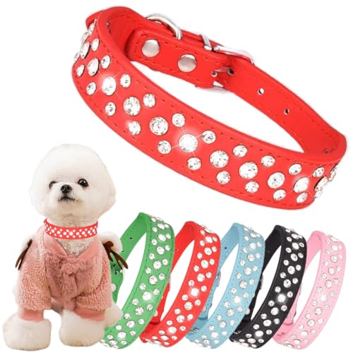 Strass-Hundehalsband, verstellbar, langlebig, PU-Leder, Kristall, Haustierhalsband, Diamant-Bling-Katzenhalsband, für kleine, mittelgroße und große Hunde, rot, S von Hotlion