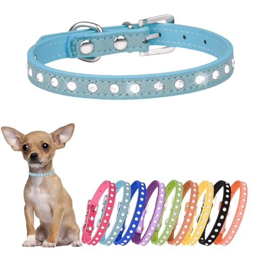 Strass-Hundehalsband, niedliches Kristall-Diamant-Katzenhalsband, weiches Leder, Kätzchen-Welpenhalsband, verstellbar, für kleine, mittelgroße Hunde, Blau, XS von Hotlion