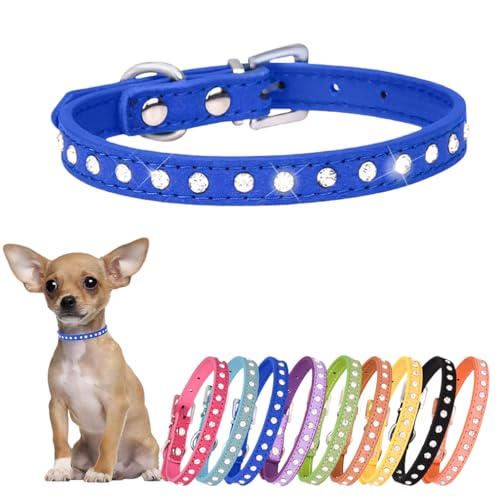 Hundehalsband mit Strasssteinen, niedliches Kristall-Diamant-Katzenhalsband, weiches Leder, Kätzchen-Welpenhalsband, verstellbar, für kleine, mittelgroße Hunde, Dunkelblau, XXS von Hotlion