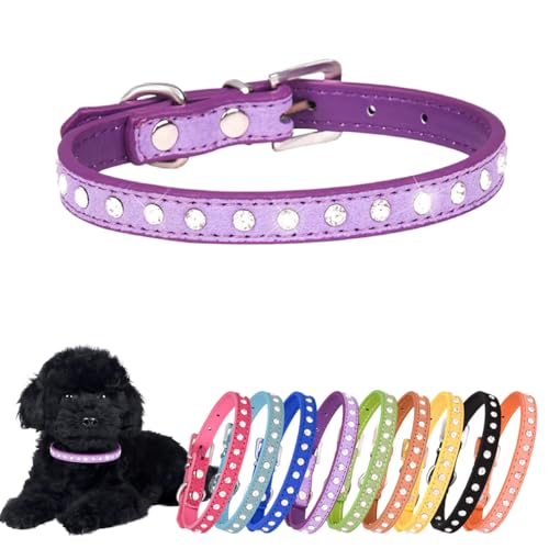 Hotlion Strass Hundehalsband Niedlich Kristall Diamant Katzenhalsband Weiches Leder Kätzchen Welpen Halsbänder Verstellbar für Kleine Mittlere Hunde Lila S von Hotlion