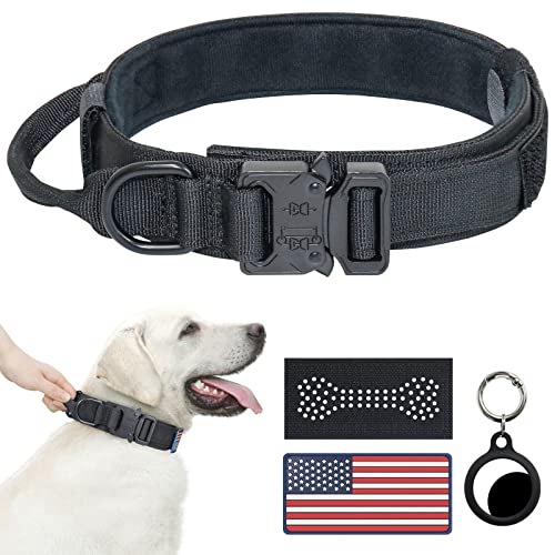 Hotsky Taktisches Hundehalsband, Verstellbares Militärtraining Nylon Hundehalsband mit Griff und Schwermetallschnalle K9 Hundehalsband für mittelgroße große Hunde, mit Airtag Hundehalsbandhalter und Patches (Schwarz, L) von Hotsky