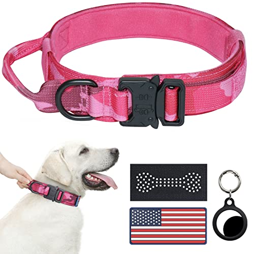 Hotsky Taktisches Hundehalsband, robustes Hundehalsband für mittelgroße Hunde, verstellbare Nylon-Hundehalsbänder mit Griff und Metallschnalle für Deutschen Schäferhund, mit Airtag-Halter und Patches (Hotpink Camo, M) von Hotsky