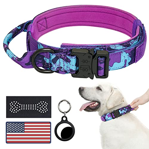 Hotsky Taktisches Hundehalsband, verstellbares Militärtraining, Nylon, Airtag, mit Airtag-Halter und zwei Patches (lila Camo, M) von Hotsky