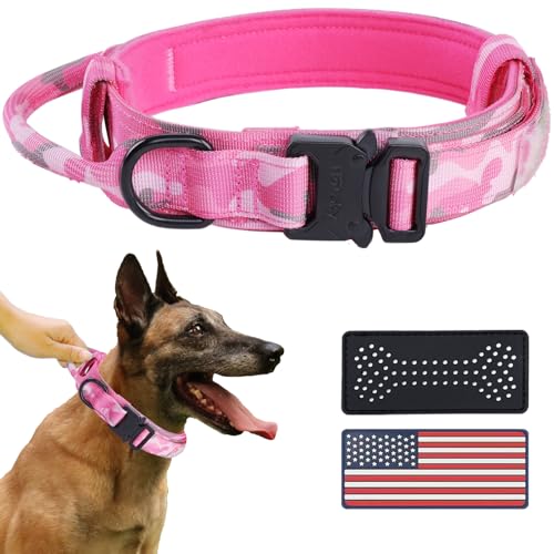 Hotsky Taktisches Hundehalsband mit Griff für große und mittelgroße Hunde, strapazierfähiges Militärtraining, Nylon, verstellbares Hundehalsband mit Metallschnalle und zwei Flicken für Camouflage-Fans von Hotsky