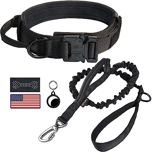 Hotsky Taktisches Hundehalsband und Leine, robustes Militär-Airtag-Hundehalsband mit Griff und Metallschnalle für Training und Spazierengehen, mit Airtag-Halterung und zwei Aufnähern (Schwarz, L) von Hotsky