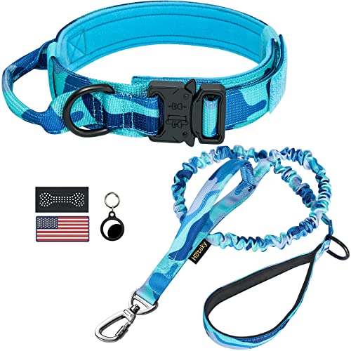 Hotsky Taktisches Hundehalsband und Leine, robustes militärisches Airtag-Hundehalsband mit Griff und Metallschnalle für Training und Spazierengehen, mit Airtag-Halter und zwei Patches (Blaue Camo, M) von Hotsky