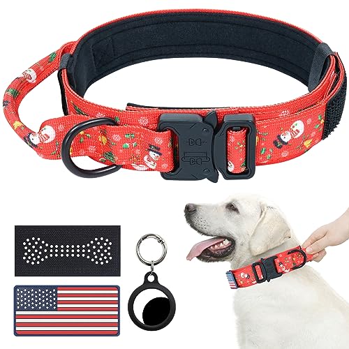 Hotsky Taktisches Weihnachtshalsband, verstellbar, militärisches Training, Xmas-Hundehalsband mit Griff und Metallschnalle für mittelgroße und große Hunde, mit Airtag-Halter und 2 Patches (XL, von Hotsky