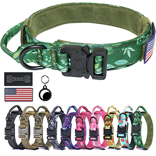 Taktisches Hundehalsband, Hotsky Hundehalsband, verstellbar, militärisches Training, Nylon-Halsbänder mit Griff, mit Airtag-Etui und Aufnähern (grüne Blätter, L) von Hotsky