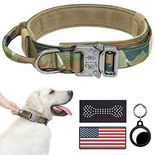 Taktisches Hundehalsband – Camo Military für große Hunde Verstellbares Nylonhalsband mit Griff Robuste Metallschnalle K9 USA-Flagge und reflektierendem Patch ideal Deutscher Schäferhund von Hotsky