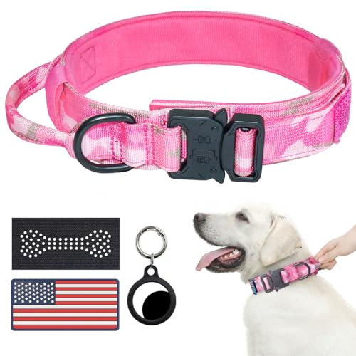 Taktisches Hundehalsband – Camo Military für große Hunde Verstellbares Nylonhalsband mit Griff Robuste Metallschnalle K9 USA-Flagge und reflektierendem Patch ideal Deutscher Schäferhund von Hotsky