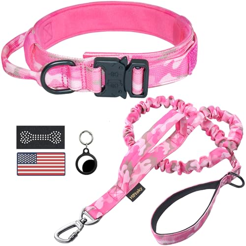 Taktisches Hundehalsband und Leine, pinkfarbenes Camouflagehalsband und Bungee-Leine mit amerikanischer Flagge, strapazierfähige Hundehalsbänder für mittelgroße und große Hunde, verstellbares Halsband und Nylon-Hundeleinen mit Griff (XL) von Hotsky