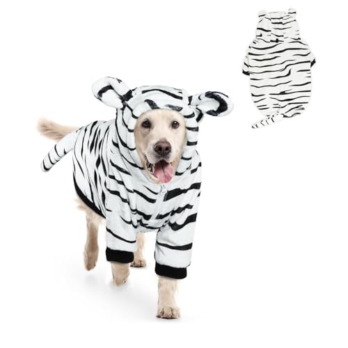 HOTUMN Tiger-Kostüm für große Hunde, Halloween-Cosplay-Kostüm, warm und niedlich, Kristallsamt, Bekleidung für Hunde, mit Kapuze (Weiß, Größe 3XL) von Hotumn