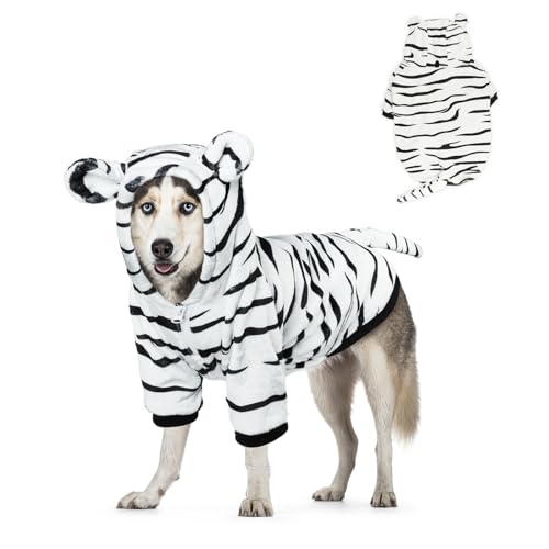 HOTUMN Tiger-Kostüm für große Hunde – Halloween-Kostüm, warme Kleidung und niedlicher Kapuzenpullover, Wintermantel für mittelgroße und große Hunde (Weiß, Größe 6XL) von Hotumn