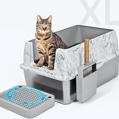 Katzentoilette aus Edelstahl im Marmor-Design - XL geschlossene Katzentoilette aus Metall mit Deckel, geruchlos, inklusive Schaufel & Treppe - Grau 59,9 x 39,9 x 28,4 cm von House of Ralston