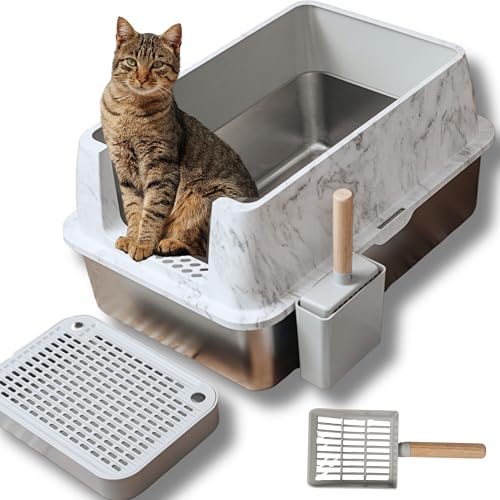 Katzentoilette aus Edelstahl im Marmor-Design - XL geschlossene Katzentoilette aus Metall mit Deckel, geruchlos, inklusive Schaufel & Treppe - Grau 59,9 x 39,9 x 28,4 cm von House of Ralston