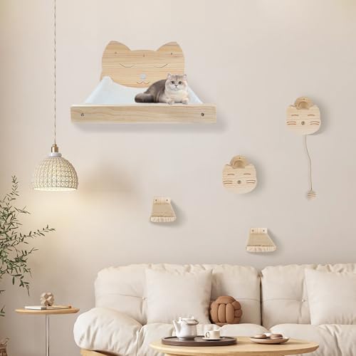 Katzenregale für die Wand, Katzenwandregale und Sitzstangen zum Schlafen, Spielen, Klettern und Faulenzen, Wandmontiertes Katzenbett, Holz, Katzenbett, Hängematte mit Kletterregal, Unterstützung 9 kg von Housense