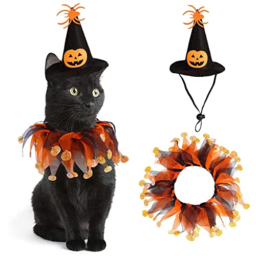 Halloween Pet Kostüm Katze Hexenhut und Jester Kragen Set Pet Cosplay Kostüm Kostüm mit Tutu -Kragen, Set von 2 von HoveeLuty