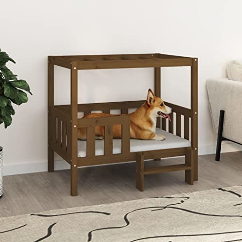 Hovothy Hundebett Bequeme Haustierbett Welpenbett aus Holz Schlafplatz für Hunde als Auch Katzen Geeignet Massives Kiefernholz Wasserabweisend und Langlebig Honigbraun 95,5x73,5x90 cm von Hovothy