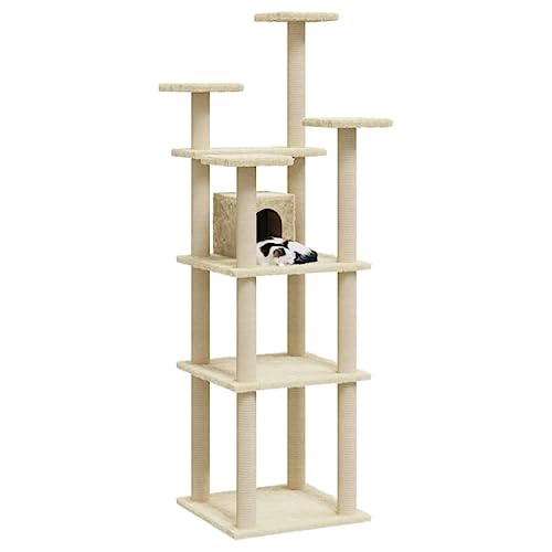 Hovothy Kratzbaum Katzenkratzbaum Säulen mit Natürlichem Sisal Umwickelt Mehrstufige Katzenturm Katzenmöbel für Katzen zum Kratzen Klettern Sitzen Verstecken und Ausruhen Creme 60,5x60,5x171 cm von Hovothy