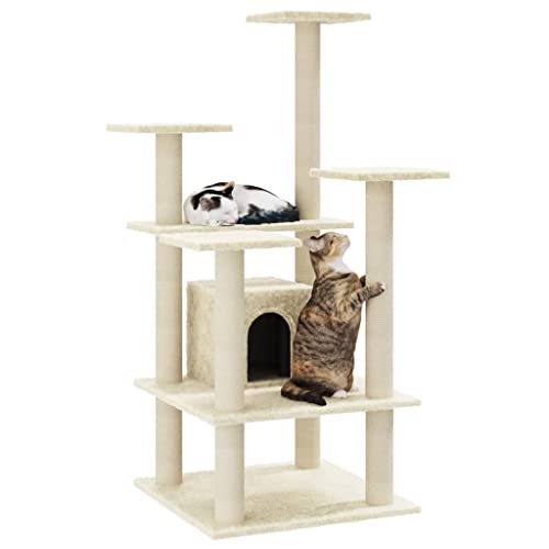 Hovothy Kratzbaum Katzenkratzbaum Säulen mit Natürlichem Sisal Umwickelt Mehrstufige Katzenturm Katzenmöbel für Katzen zum Kratzen Klettern Sitzen Verstecken und Ausruhen Creme 60,5x60x110 cm von Hovothy