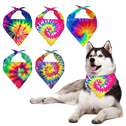 Howilath 5-teiliges Set Hundehalstuch – Batik-Spiral-Hunde-Schal – buntes Regenbogen abstraktes Design waschbar Dreieckstuch – Hunde-Bandana, Haustier-Schal, Welpen, Katzen von Howilath