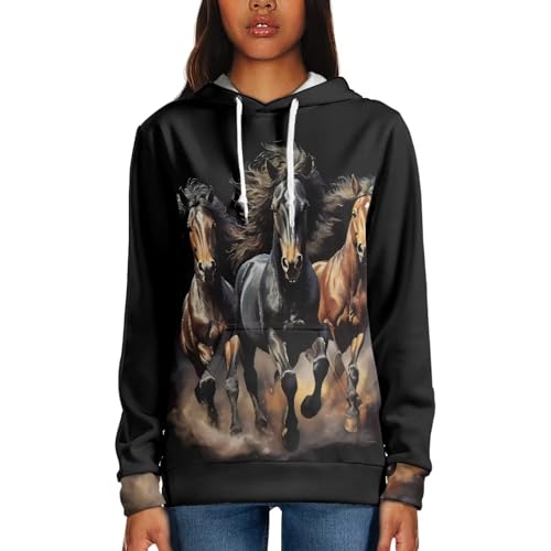 Howilath Damen Plus Size Hoodies Tops, Colorful Splash Galaxy Hoody Tie-Dye Puppy Dogs Langarm Shirts Herbst Tunika Tops, Aquarell Pferde Design, 36 von Howilath