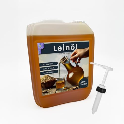 10 Liter Leinöl Leinsamenöl frisch nativ kaltgepresstes Leinöl für gesunde Energie incl. Dosierpumpe von Hoyo Technology GmbH