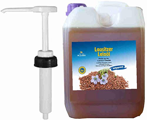 5 Liter Leinöl Leinsamenöl frisch nativ kaltgepresstes Leinöl für gesunde Energie incl. Dosierpumpe von Hoyo Technology GmbH