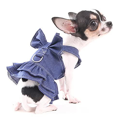 Hozz Kleines Hundegeschirr Kleid Niedliche Fliege Welpen Denim Rock Jeans Hundebekleidung Haustier Kleidung Hunde Kostüme mit Leine Ring Hellblau S von Hozz