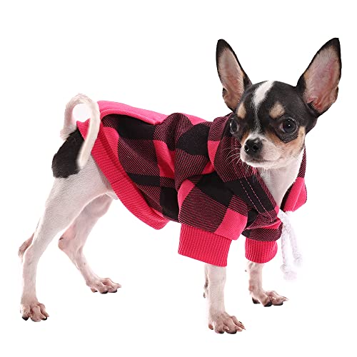 Hozz Rosenroter Hunde-Kapuzenpullover für den Winter, mit Loch für die Leine und Tasche, warme Hundekleidung für Büffelkariert, kleine Hundepullover, Chihuahua, Mantel, Kostüm, Größe S (1 Stück) von Hozz