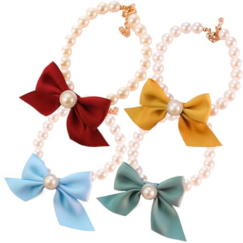 4pcs Perlenhundkragen 5.9-8.3 '' Neckcirc..Harzperlenhundkragen mit bändigen Bogen glamouröser Perlenkatze mit einstellbaren Verschluss für Geburtstagsfeiern, Hochzeiten und Festivals von Hperu