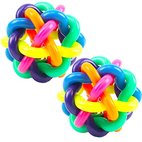 Hperu Hund Gummi Ball mit Bell Rainbow Bouncy Woven Toy Welpe Kaukugel für Aggressive Kauen -Zahnen Reinigungstraining 8 cm 2pcs Haustier Bell Spielen von Hperu