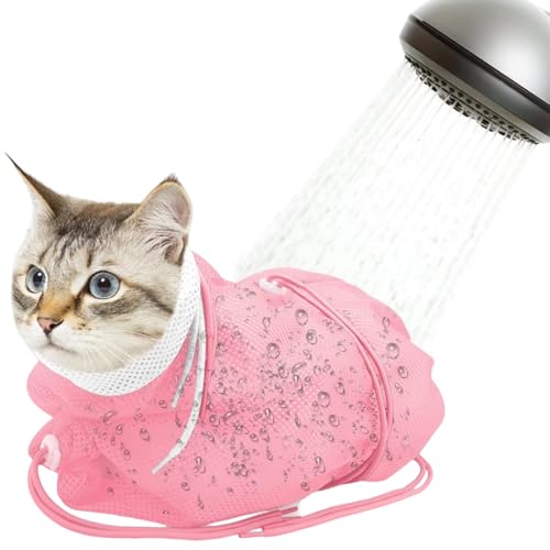 Hperu Katzenbadsack, Polyester Atmungsaktives Katzen-Duschnetz-Zettbeutel, Verstellbarer Katzenbadsack mit Kordel, Anti-Bite-Katze-Pflegebeutel zum Nagelkreis, Baden, Weißrosa von Hperu