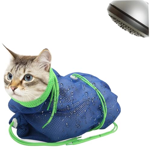 Hperu Katzenbadsack, Polyester Atmungsaktives Katzenduschnetz Zettbeutel, Verstellbarer Katzenbadebeutel mit Kordel, Anti-Bite-Katze-Pflegebeutel zum Nagelkreis, Baden, Blaugrün von Hperu