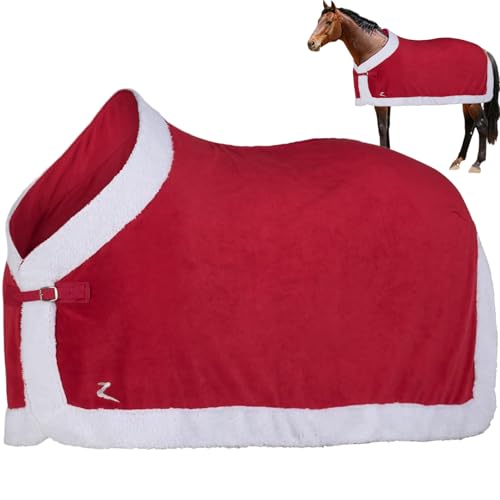 Hperu Weihnachtskostüme, Pferdedecke Weihnachten rote Pferdblätter weiche Fleece Decke warme Winterpferddecke mit weißen Kunstpelzen Kante für Weihnachtspferd von Hperu