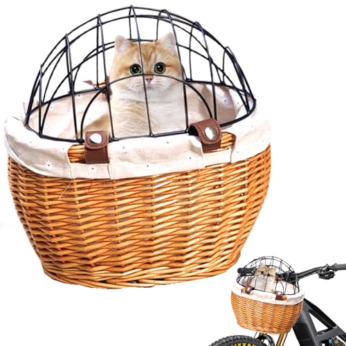 Hundebiketräger Hundebikekorb 11,8x9.8x13.8 Atmungsaktives Hohl-Out-Katzenrad-Fahrradträger Abnehmbarer Korbrad vorne mit Drahtnetzabdeckung Vintage Pet Bike Cork für kleine Hunde Katzen von Hperu