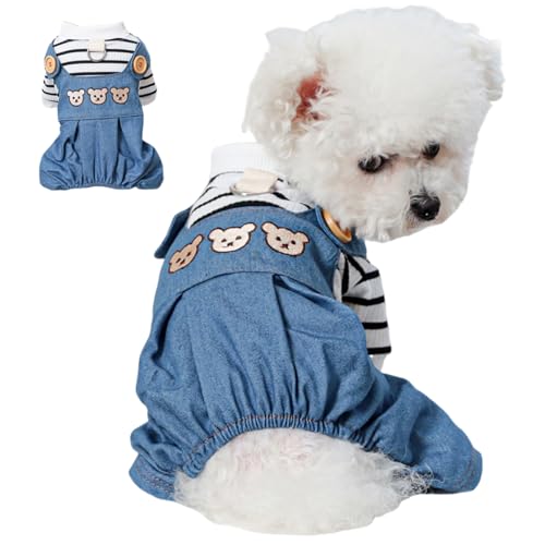 Hundeoverall-Denim-Denim-Streifenhund-Strampler mit Bärenmuster trendy & entzückend warmes Hund Winterkleidung mit Leinenhaken für Innen- und Außenbereiche für 2-3 kg Hunde, Hundezwecke, Haustierkl von Hperu