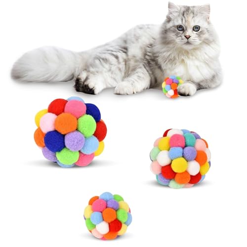 Katzenspielzeugkugeln, Katzenspielzeugkugeln, 3pcs 3 Größen weiche Fuzzy Cat Pom Pom-Bälle eingebaute Glocke, farbenfrohe Katzenspielkugeln, interaktives Kau-Kätzchenspielzeug, Cat Pom Pom Pom Bäll von Hperu