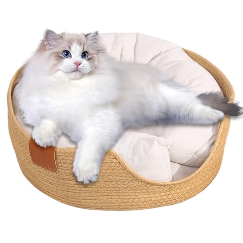 Rattan Katzenbett Katzenkorbbett 14 Zoll Weben Weidenhundbett Boho Katzenbett mit abnehmbarem Waschkissen halbe geschlossene Rattan -Katzenbettkatze Nest für kleine Hunde Katze von Hperu