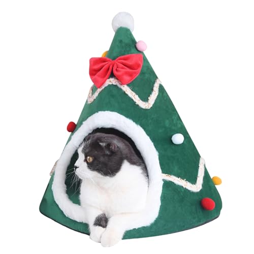 Weihnachtskatze Tree Christmas Katzenbett Nicht-Schlupf-Weihnachtsbaum mit abnehmbarem Kissen für 2 kg Haustiere selbstwarmisierende Innenkätzchen Haus Weihnachtsdekoration Geschenk Größe S von Hperu