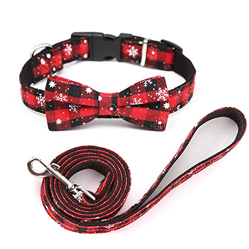 Hrlace Weihnachtshalsband Hundehalsband mit Leine Set Abnehmbare Fliege Bandana Verstellbare Katzenhalsbänder Rot Kariertes Dreiecks-Halsbänder für Kätzchen Welpen kleine Hunde Satz 2 M von Hrlace